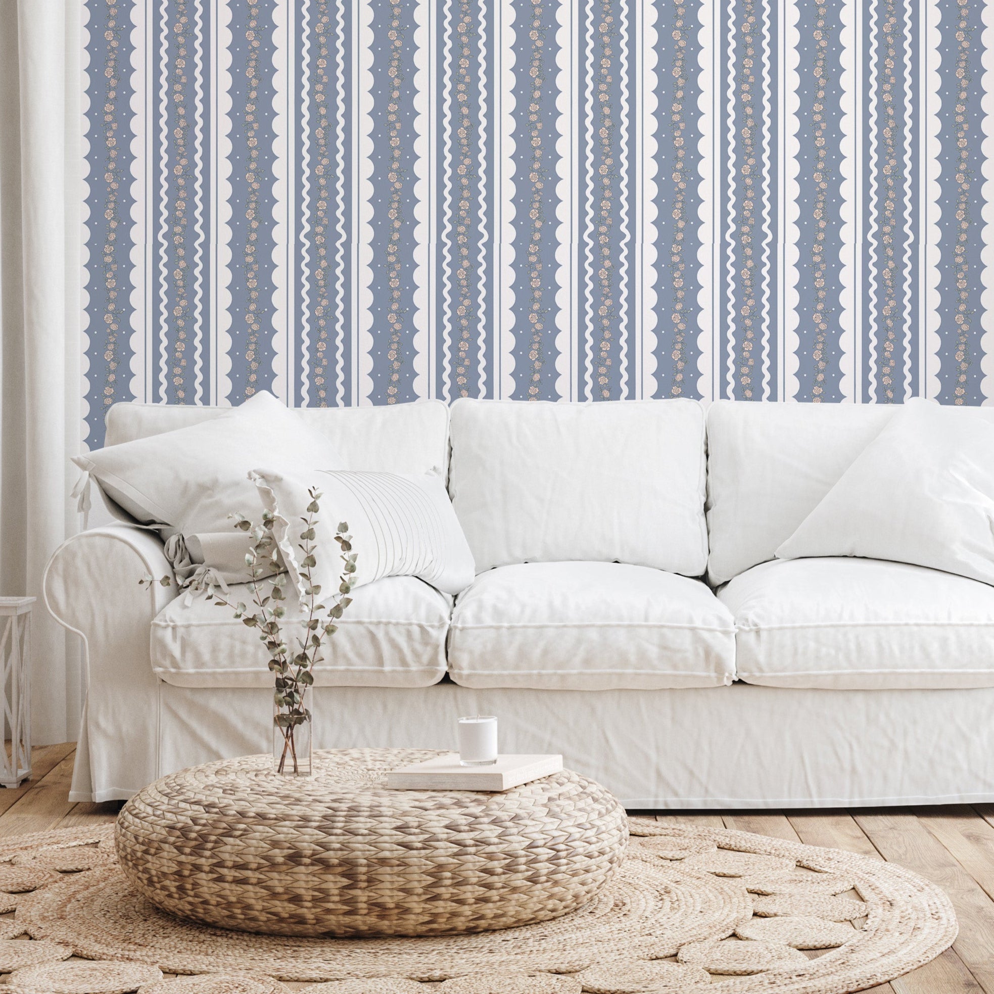 Solana striped wallpaper in blue, beige, sage-green, and white
