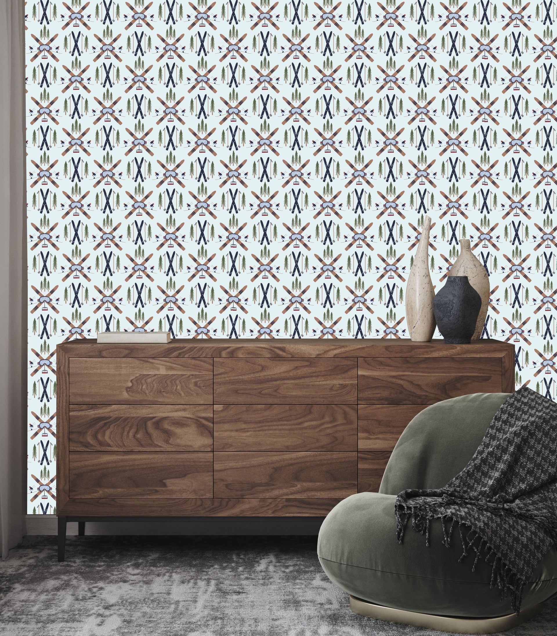 Slopes Geometric Wallpaper in Navy, Brown and Light-Blue
