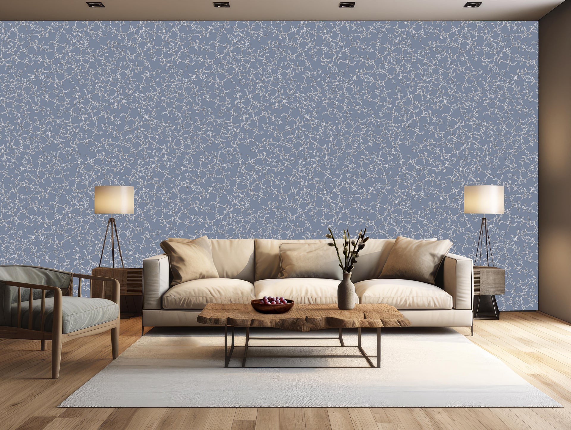 Maeva Floral Wallpaper in Beige, Blue-Gray and Off-White
