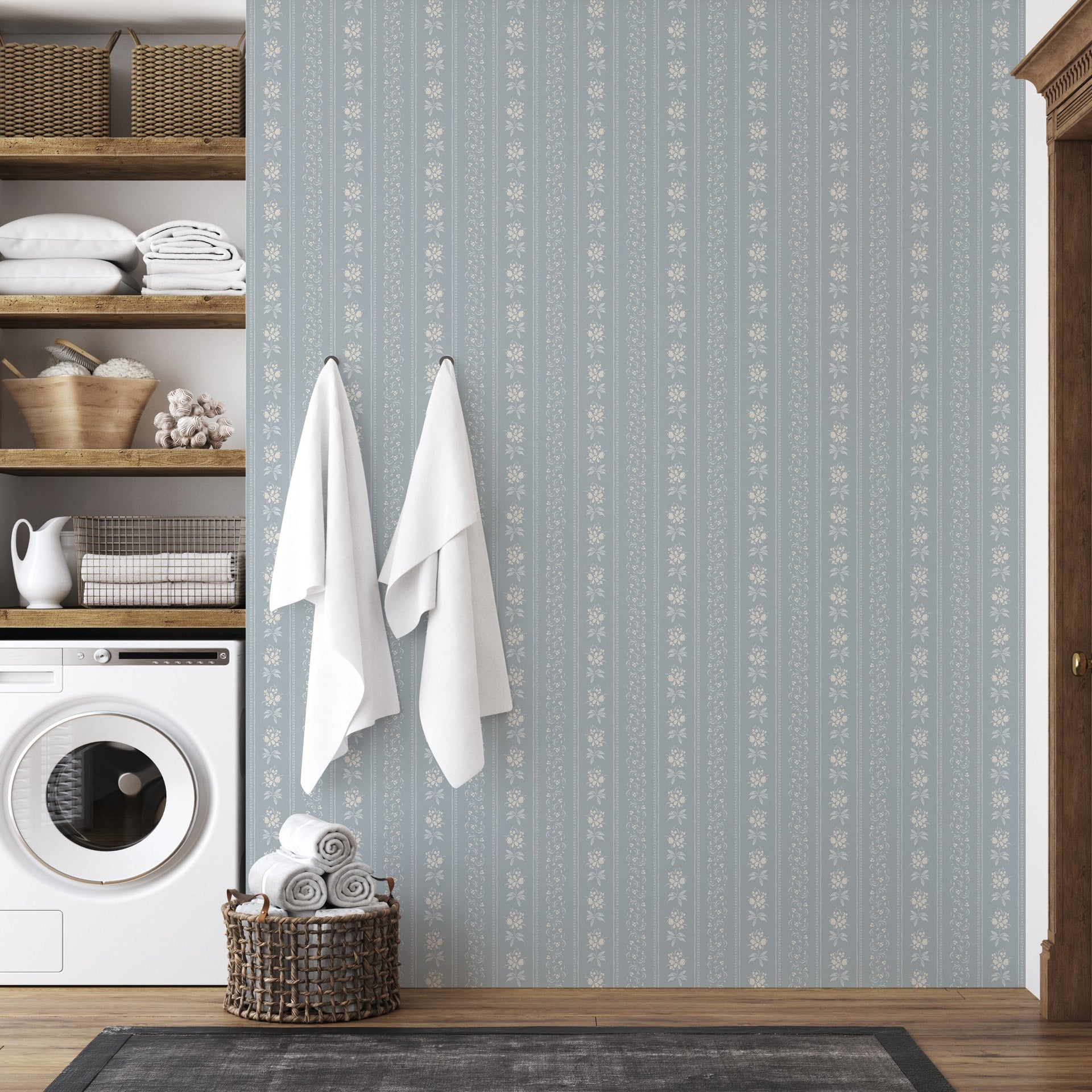 Elaine striped wallpaper in dusty blue and cream featuring a cottagecore aesthetic