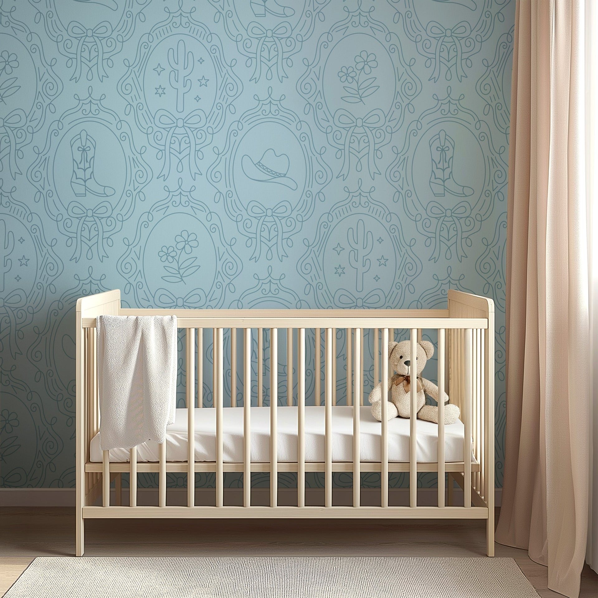 Laramie Wallpaper in Pink, Blue and Sage-Green Western-Whimsy