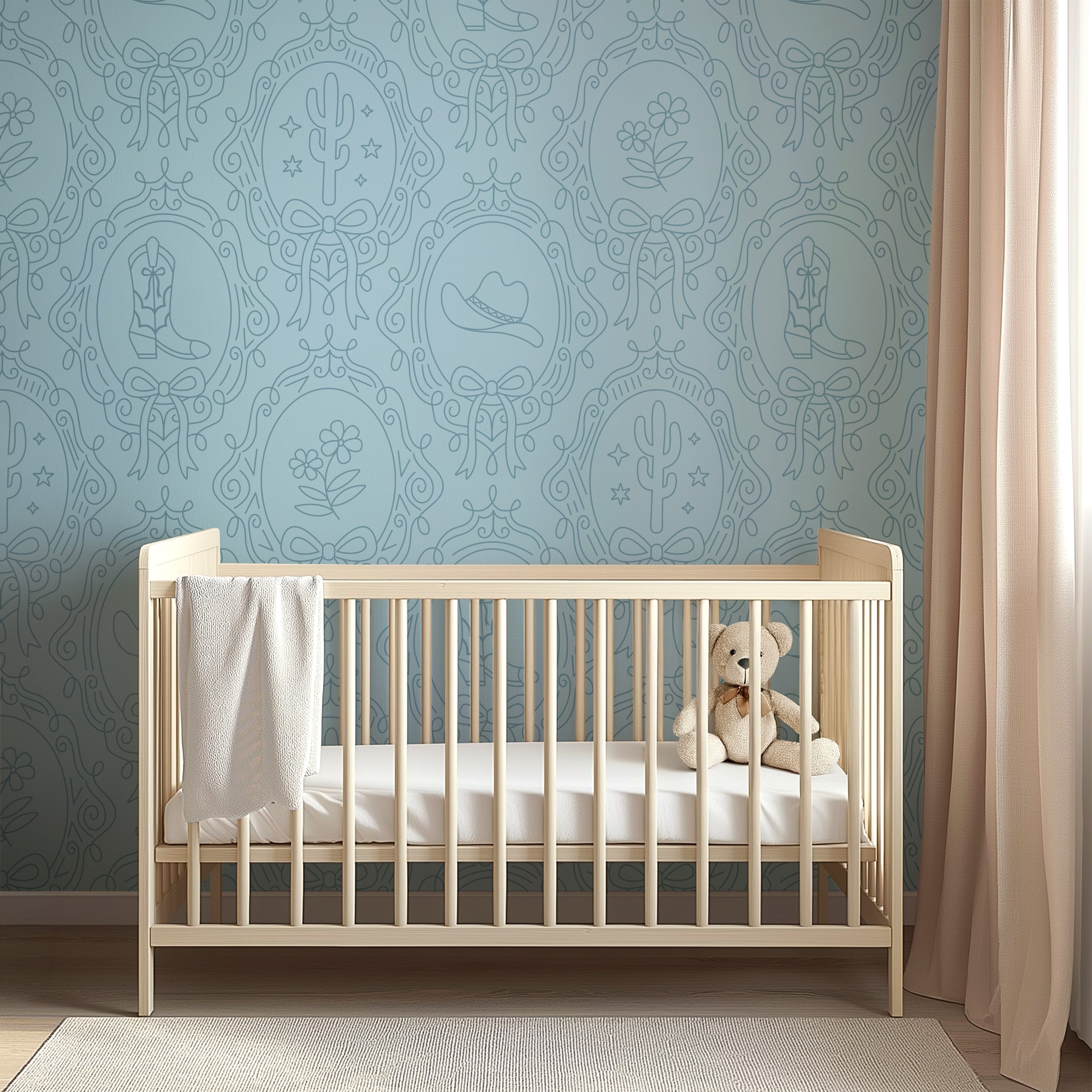 Laramie Wallpaper in Pink, Blue and Sage-Green Western-Whimsy