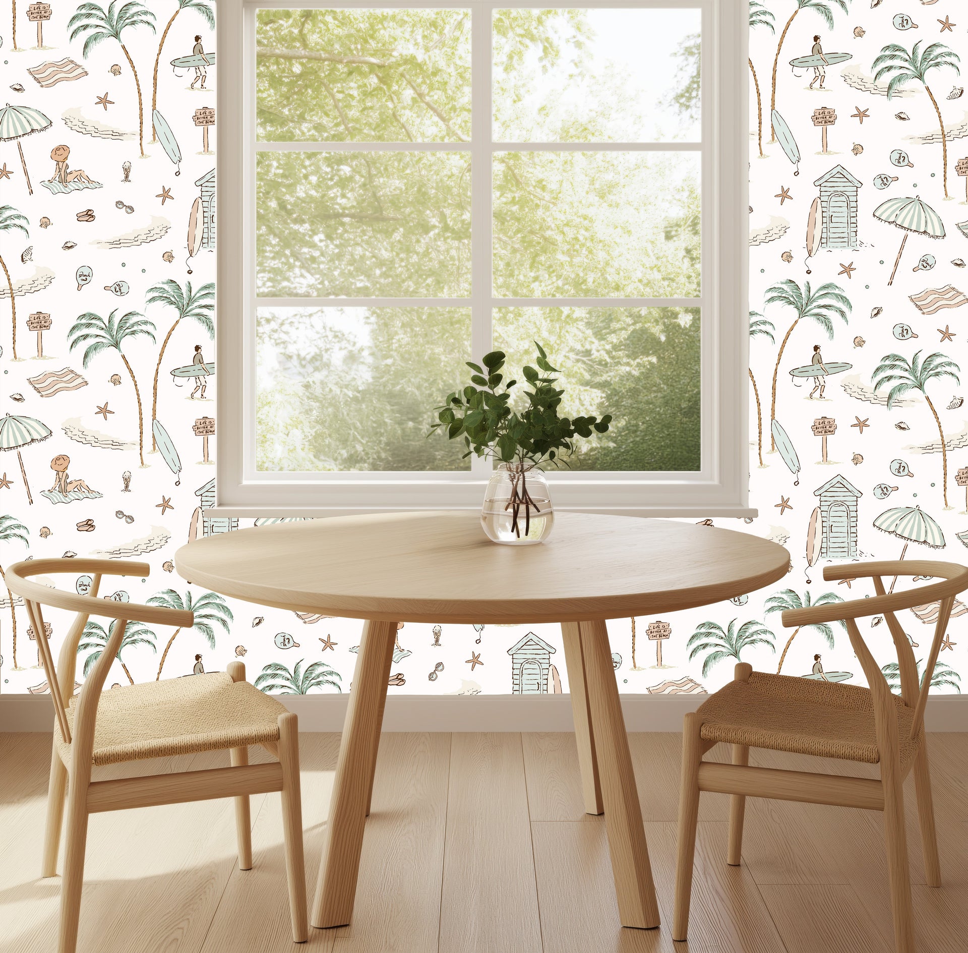 Reef Coastal Wallpaper in Sage-Green, Tan, and Pastel-Pink