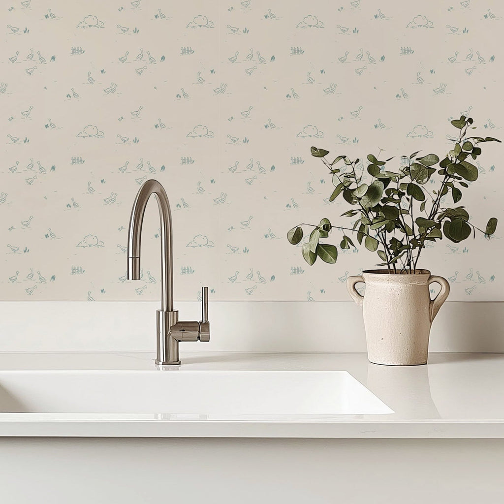 Ollie wallpaper with whimsical blue and beige pattern