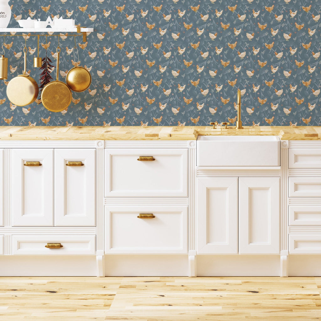 Rustic farmhouse style wallpaper featuring white, blue-grey, orange, and green colors.