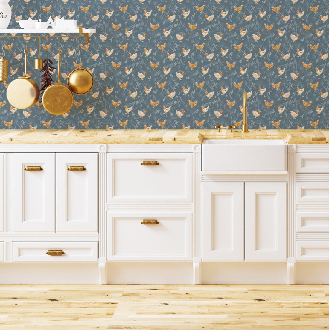 Rustic farmhouse style wallpaper featuring white, blue-grey, orange, and green colors.