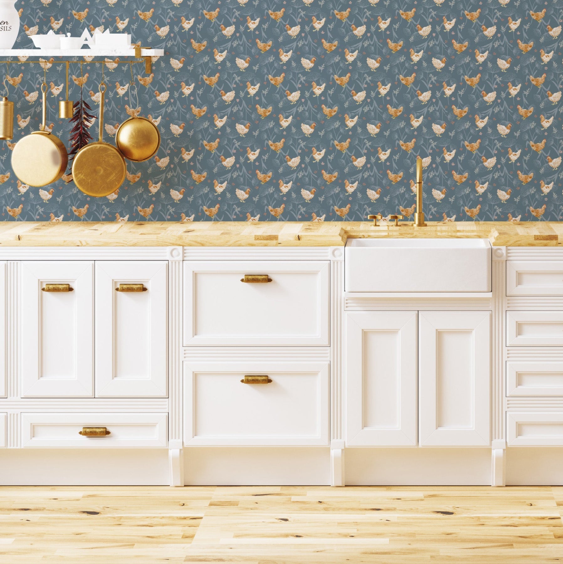Rustic farmhouse style wallpaper featuring white, blue-grey, orange, and green colors.