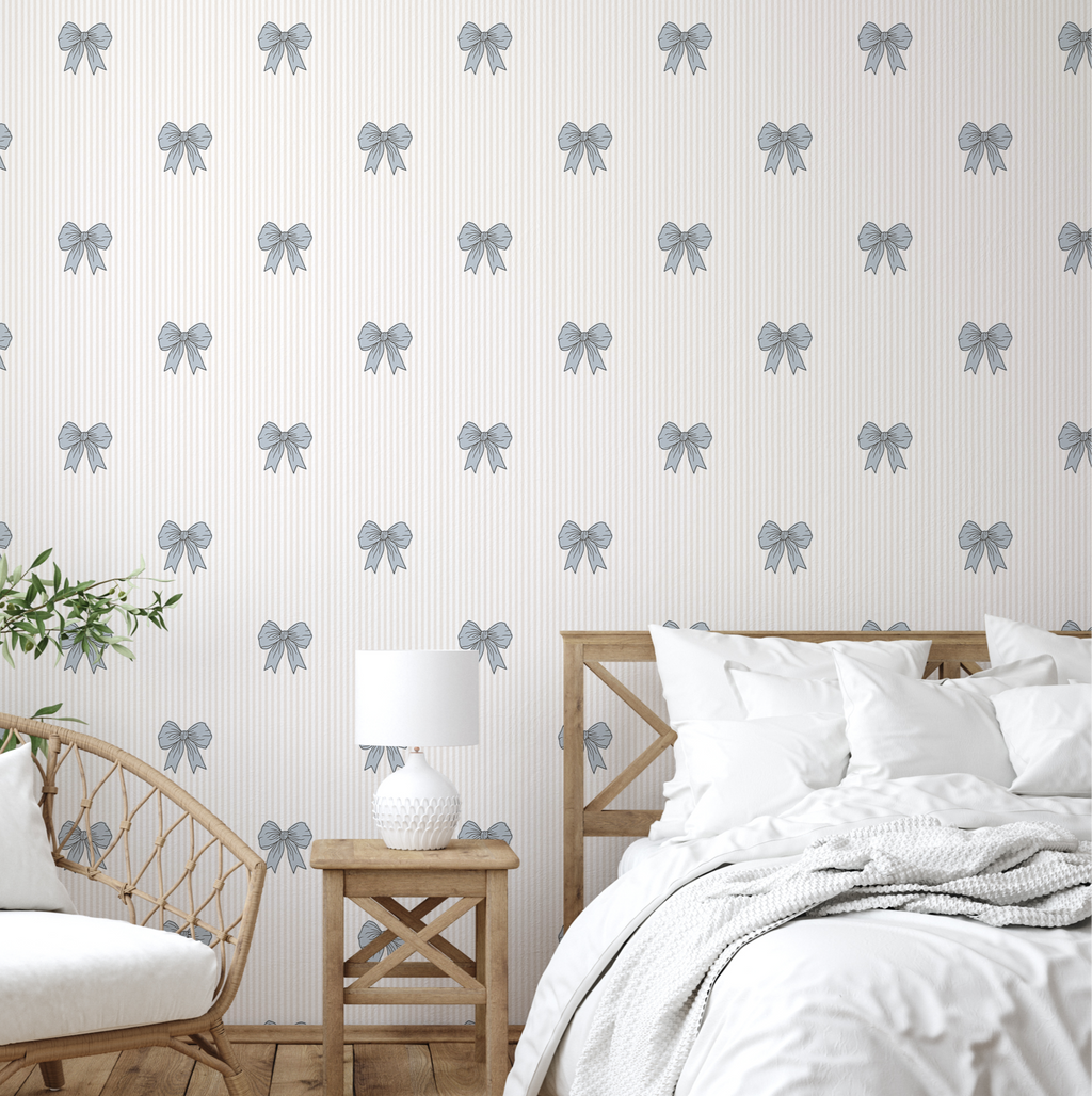 Soft and romantic Shayla wallpaper in cream, light blue, and taupe, ideal for nursery decor.