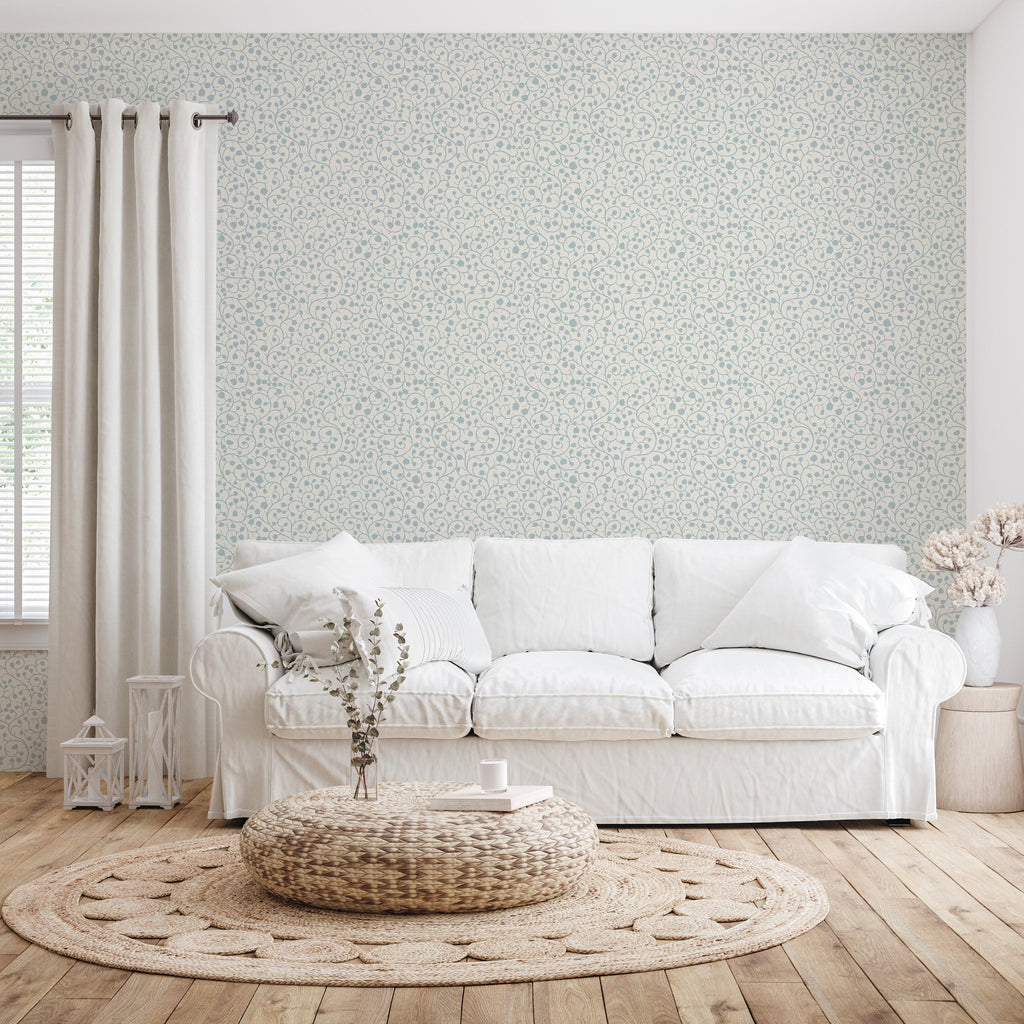 Hartford traditional floral wallpaper in blue, pink, and off-white.