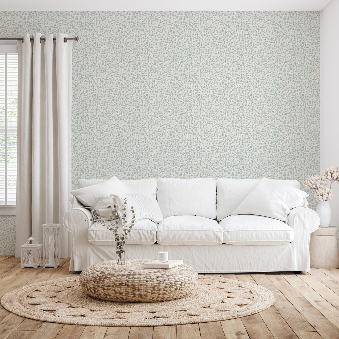 Hartford traditional floral wallpaper in blue, pink, and off-white.