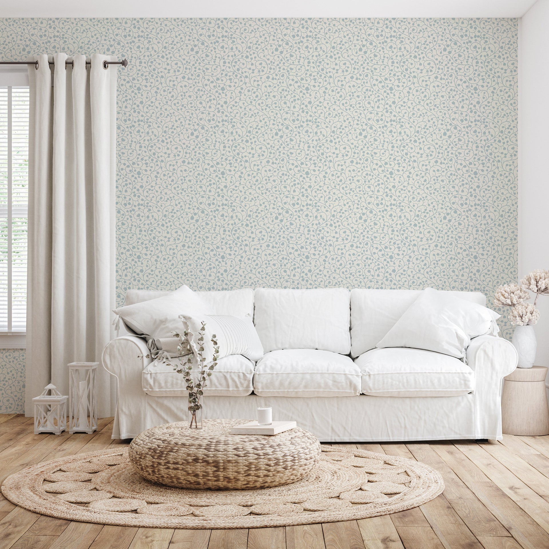 Hartford traditional floral wallpaper in blue, pink, and off-white.