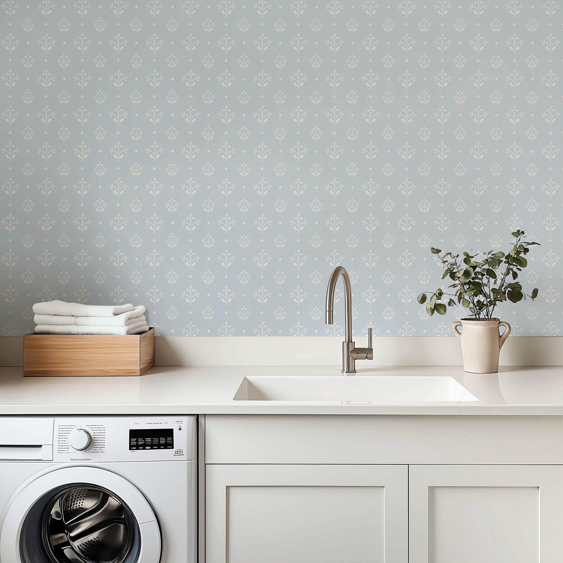 Esme Coastal Floral Wallpaper in blue, white, and lavender pattern