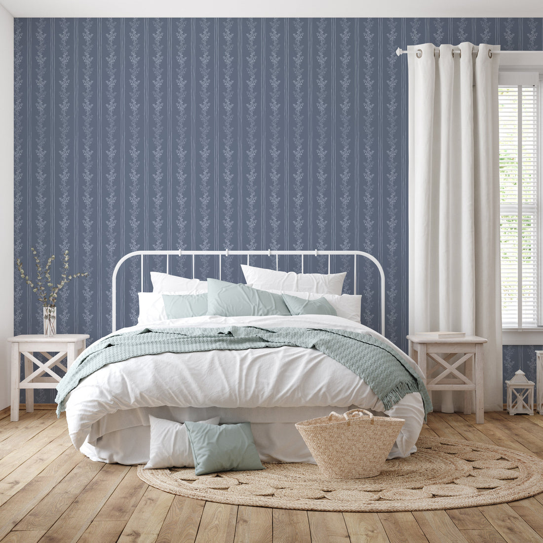 Janie Floral Wallpaper in Blue, White, Charcoal, and Cream