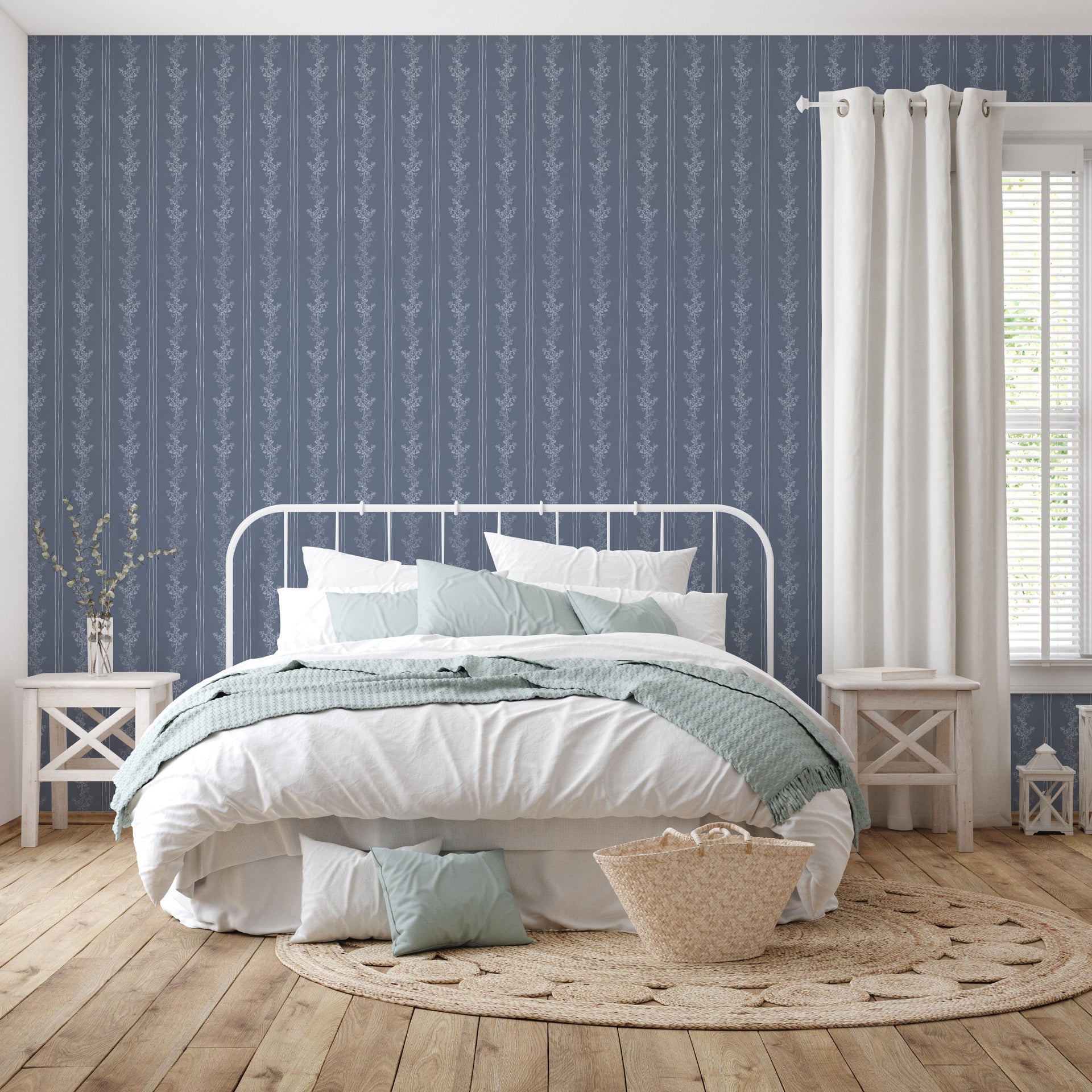 Janie Floral Wallpaper in Blue, White, Charcoal, and Cream