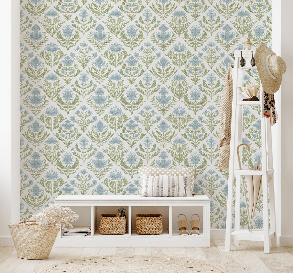 Nolie Floral Wallpaper in Green and Beige Traditional Boho