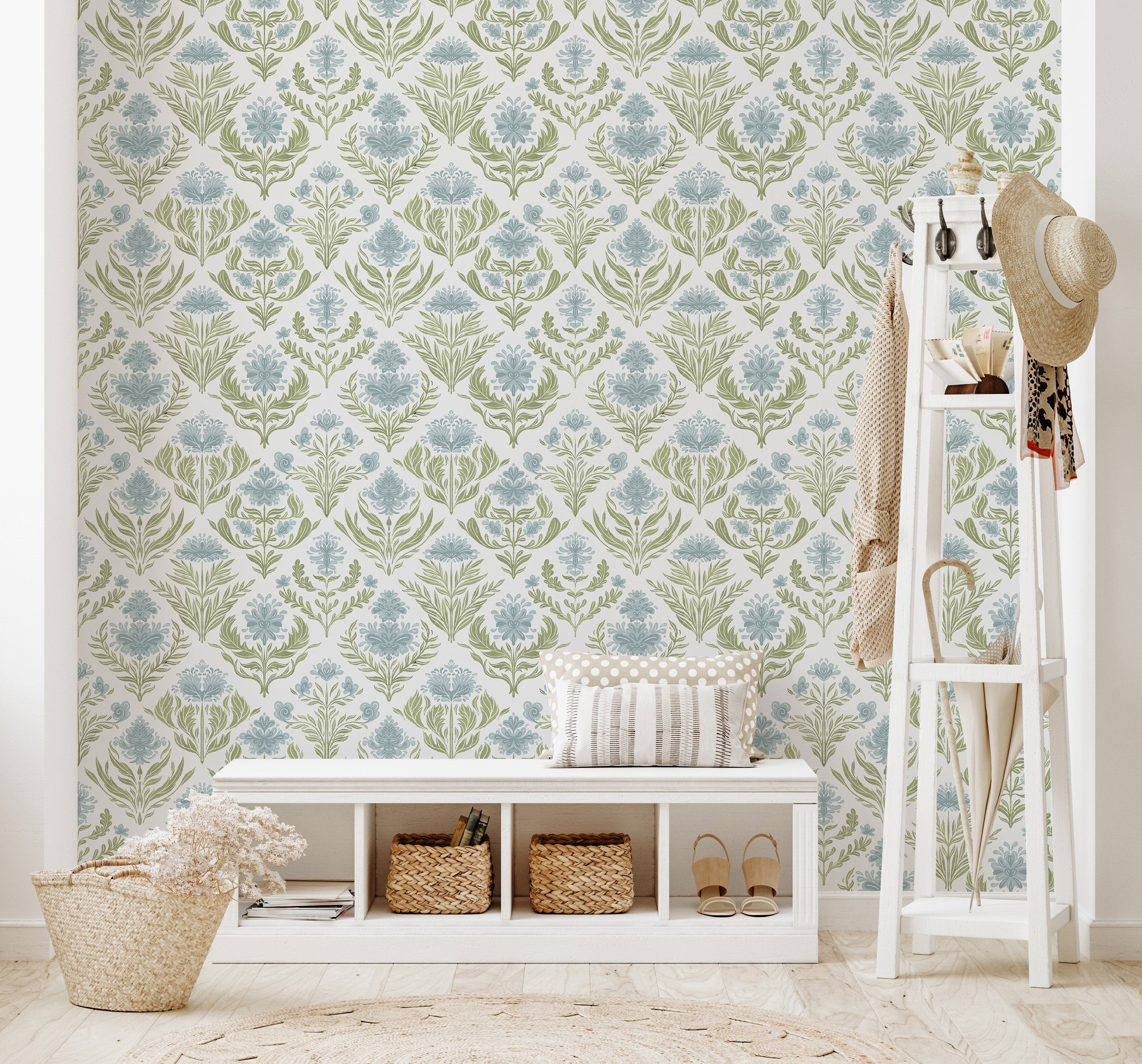 Nolie Floral Wallpaper in Green and Beige Traditional Boho