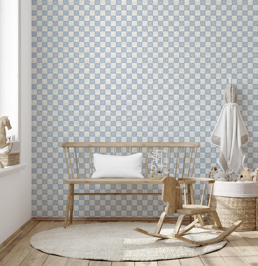 Shellie Geometric Wallpaper, Blue and White Coastal Minimalist Decor