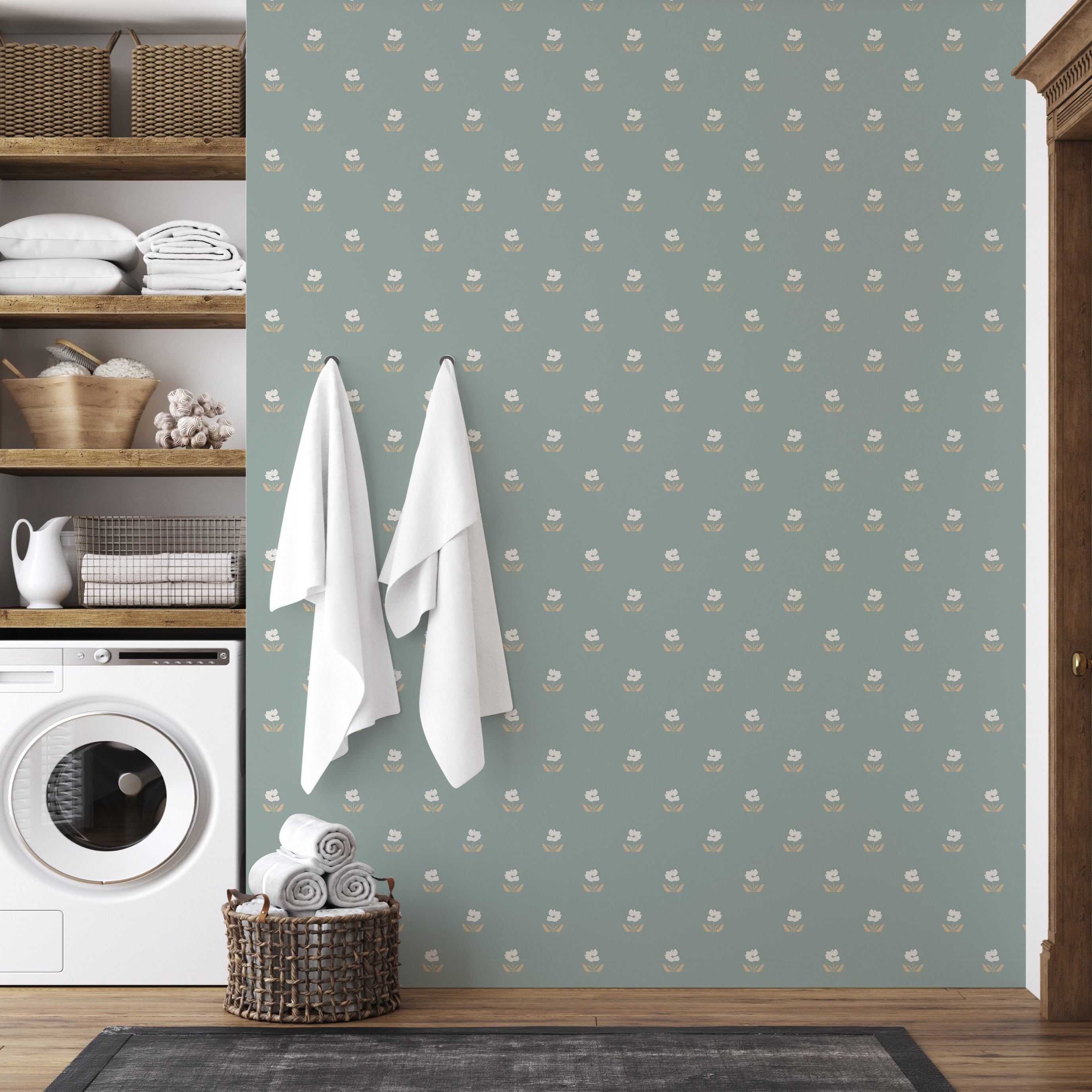 Modern minimalist floral wallpaper featuring sage-green and muted-gold accents on a cream background