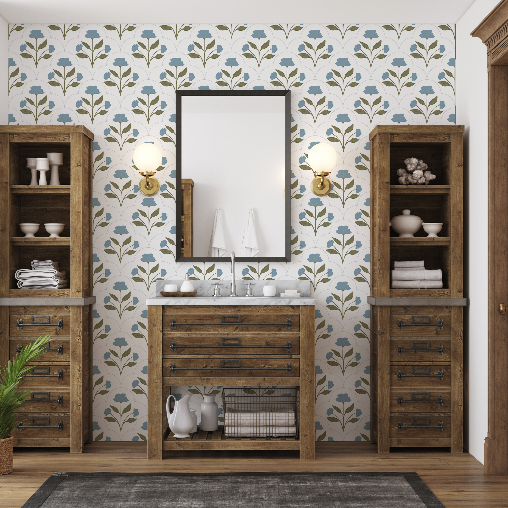 Nicole Bohemian Floral Wallpaper with white, terracotta, and olive-green botanical illustrations