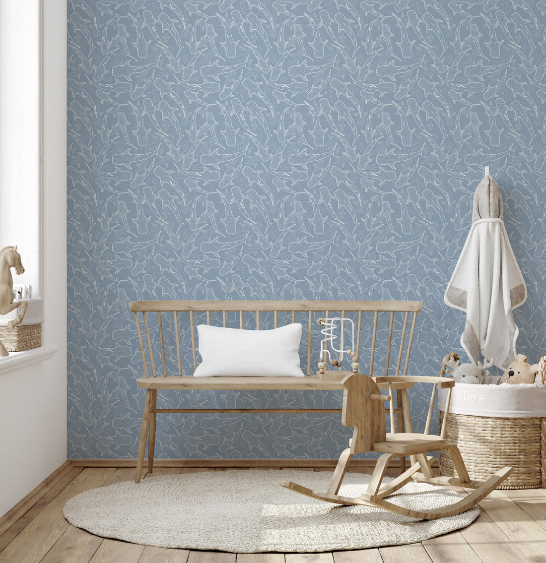 Blue Pink and White Whimsical Animal Print Wallpaper
