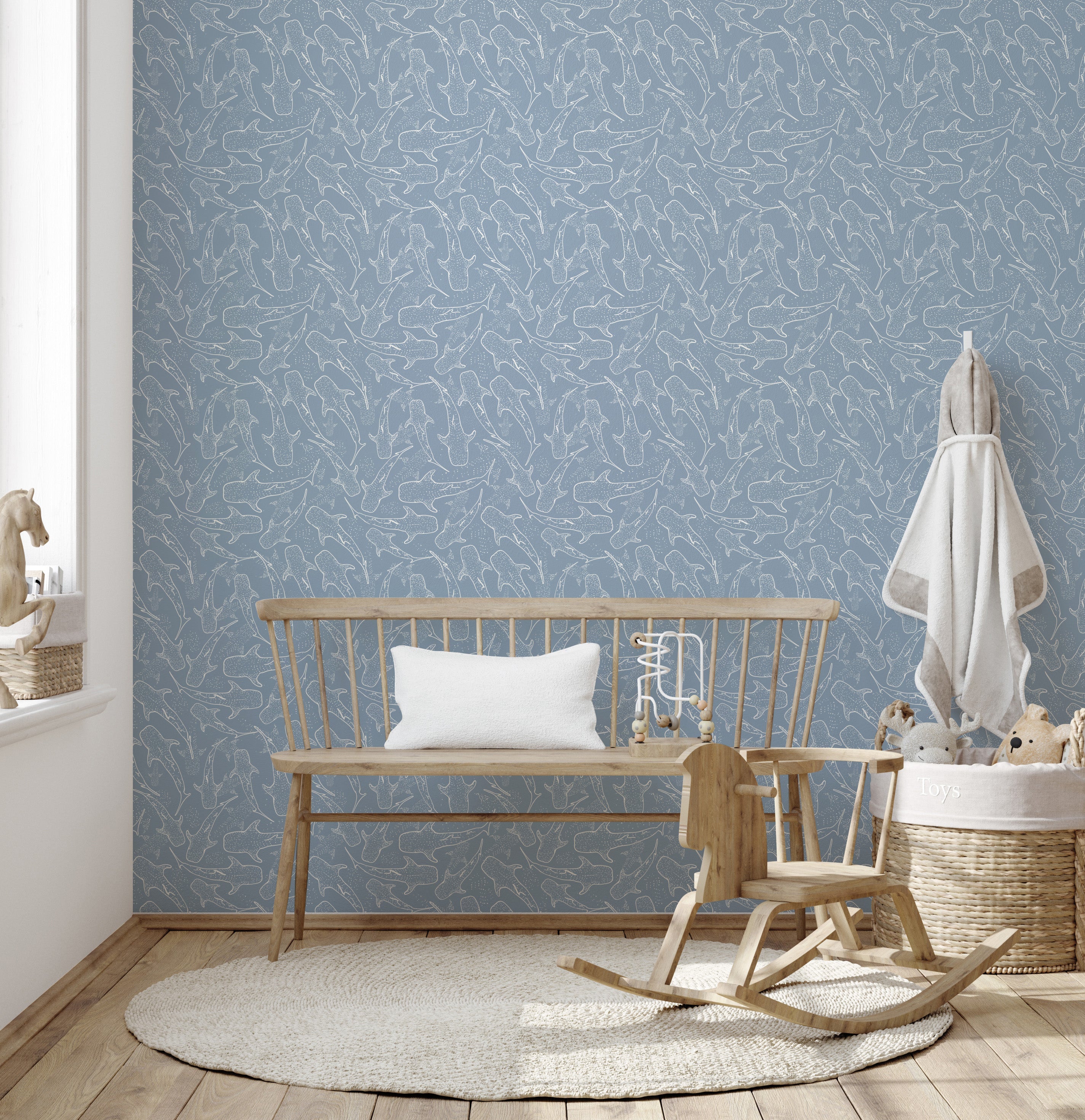 Blue Pink and White Whimsical Animal Print Wallpaper