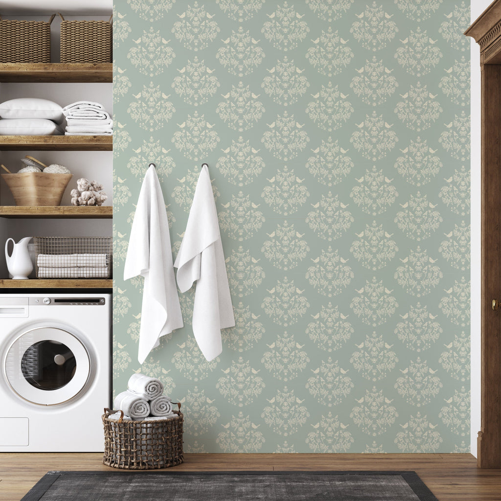 Bridgerton wallpaper with romantic floral patterns in sage-green and cream