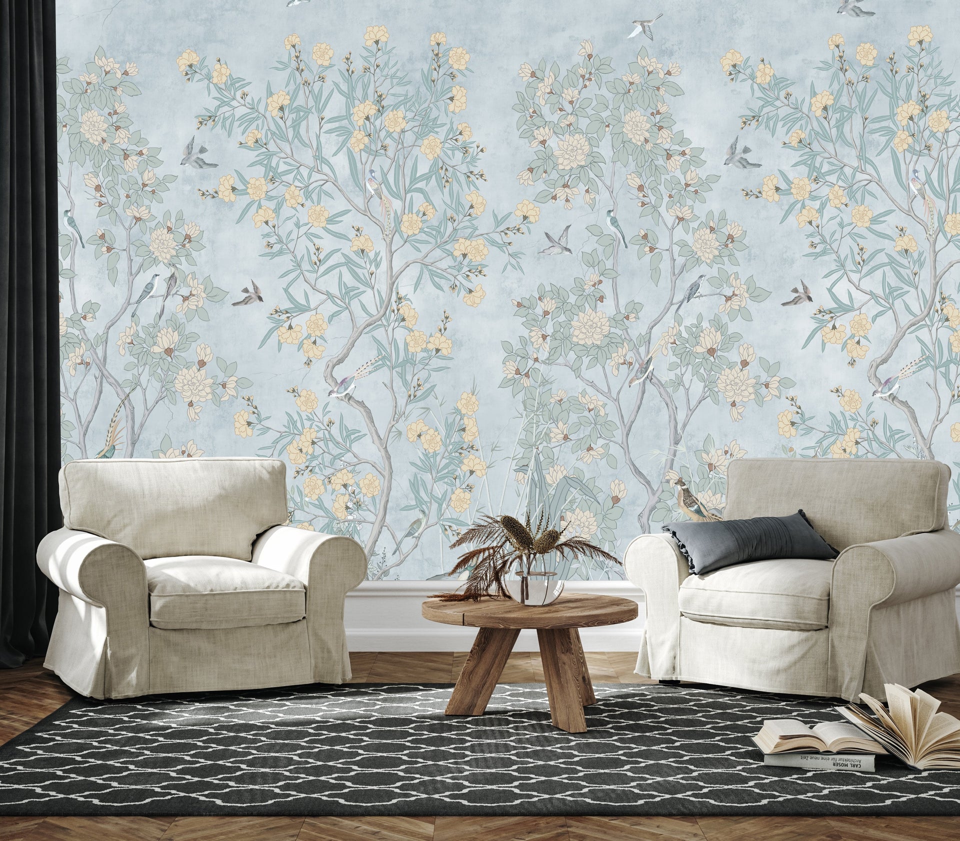 Neely Floral Removable Wallpaper Traditional Chinoiserie Style