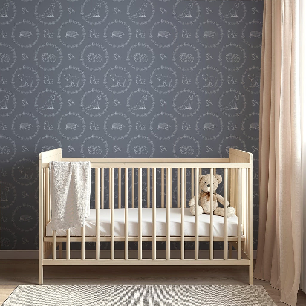 Covey Woodland Wallpaper in Sage Green and Cream for Nursery