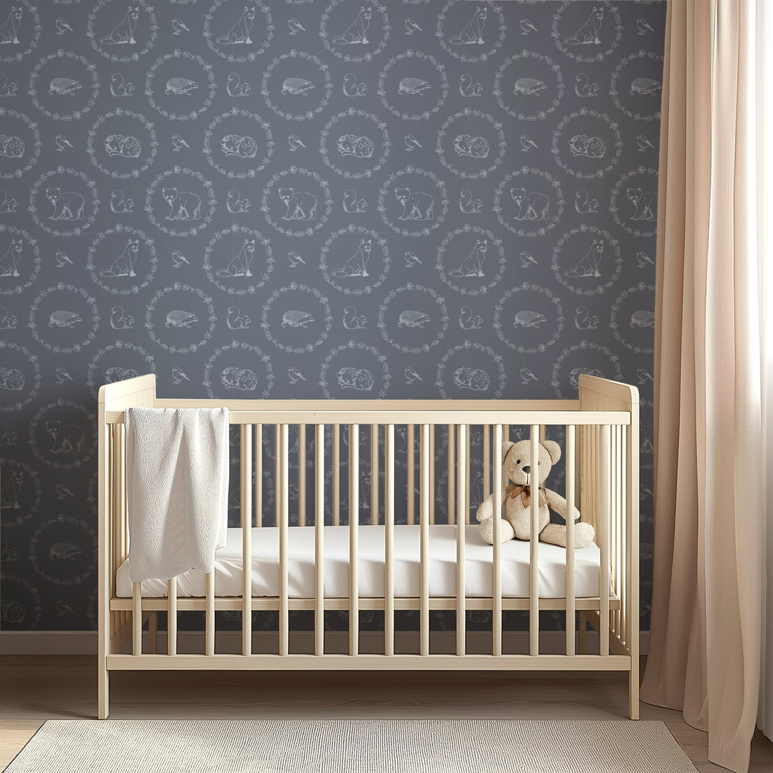 Covey Woodland Wallpaper in Sage Green and Cream for Nursery