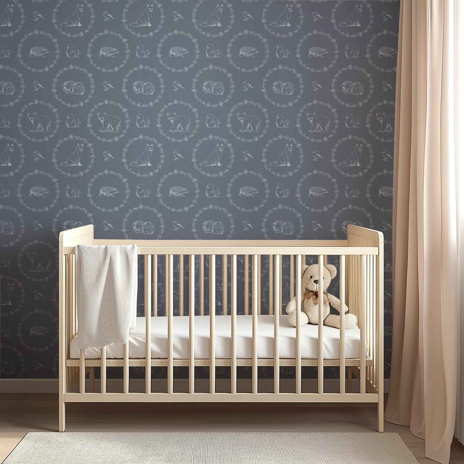 Covey Woodland Wallpaper in Sage Green and Cream for Nursery
