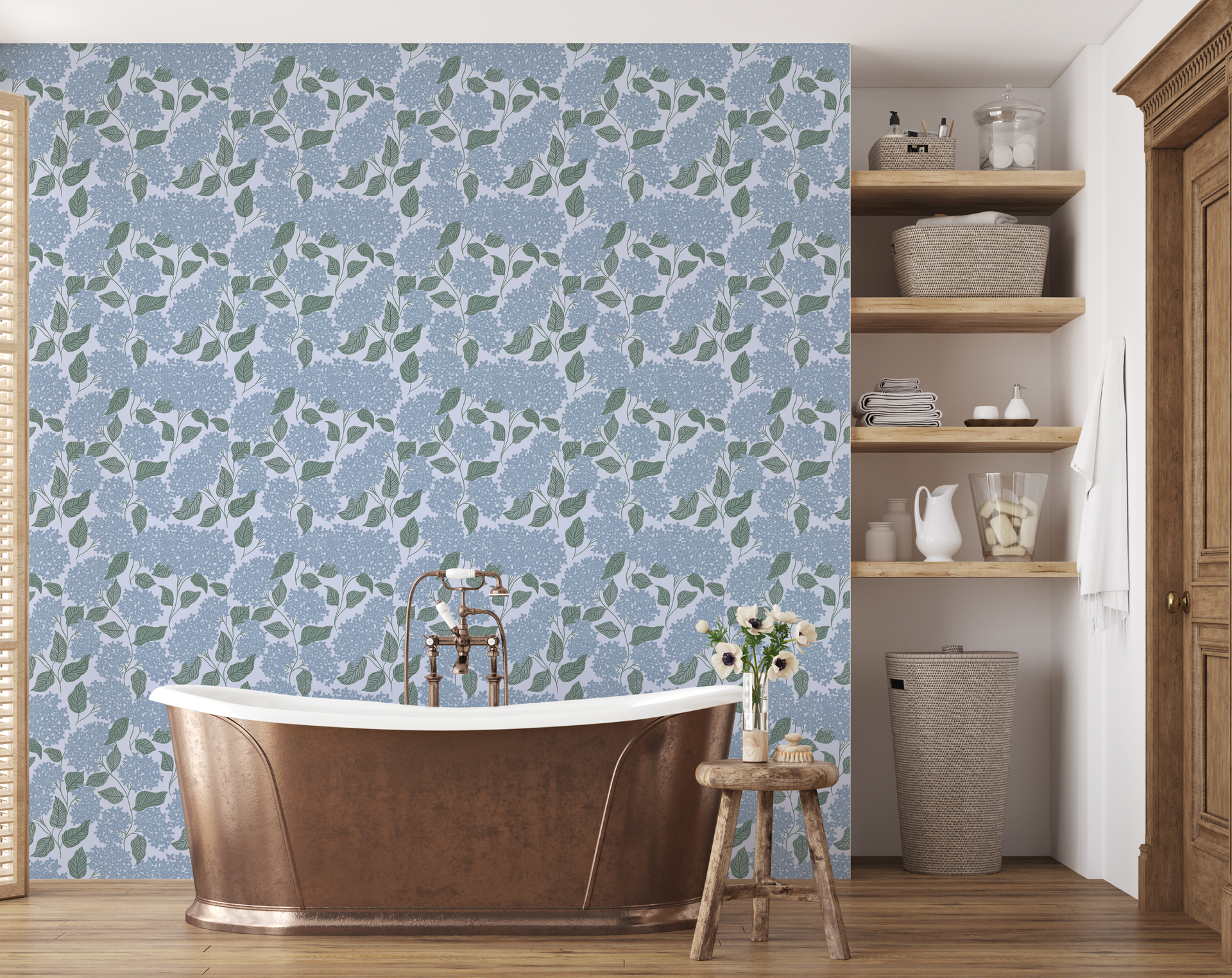 Lisette Floral Wallpaper in Blue, Green, and Off-White