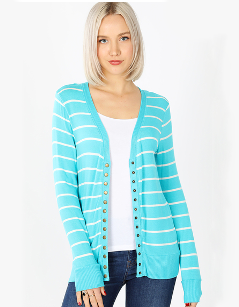 Woman wearing an ice blue long-sleeve striped snap-front cardigan.
