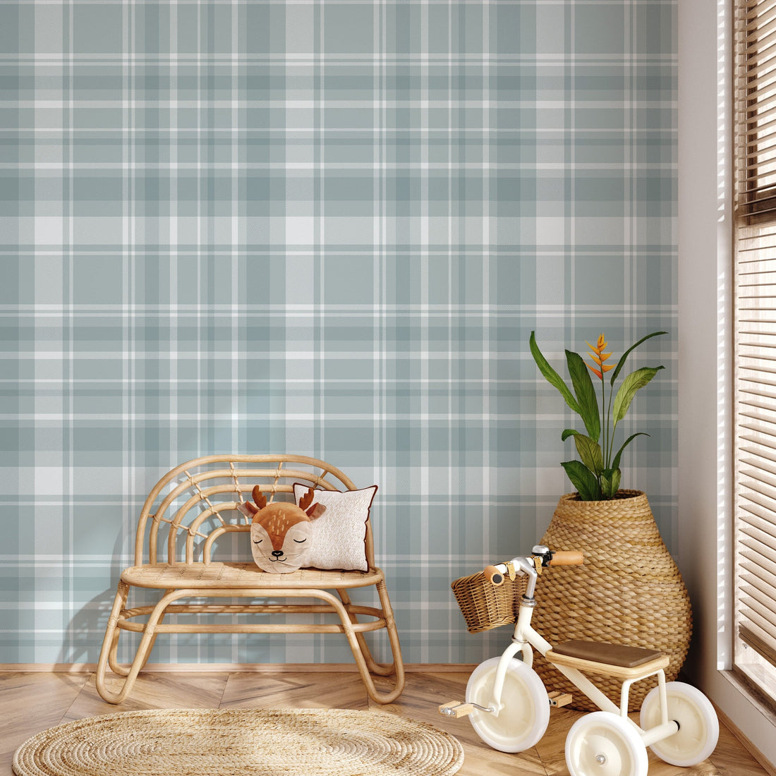Traditional plaid pattern wallpaper in shades of blue-grey, white, pink, and yellow