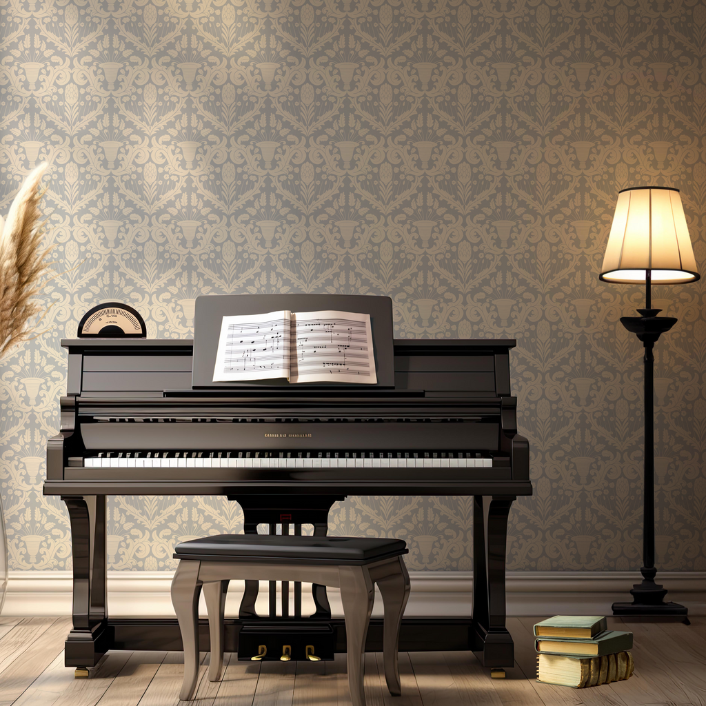Giselle traditional floral wallpaper in neutral beige and cream tones.