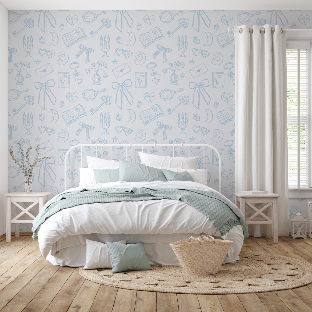 Whimsical wallpaper in light blue, cream and white with a romantic coquette aesthetic for home styling.
