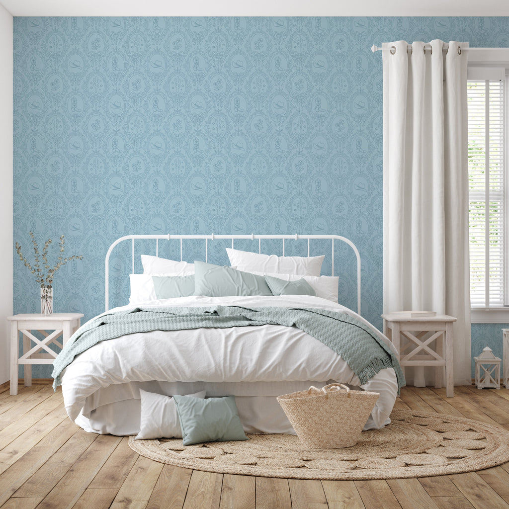 Laramie Wallpaper in Pink, Blue and Sage-Green Western-Whimsy