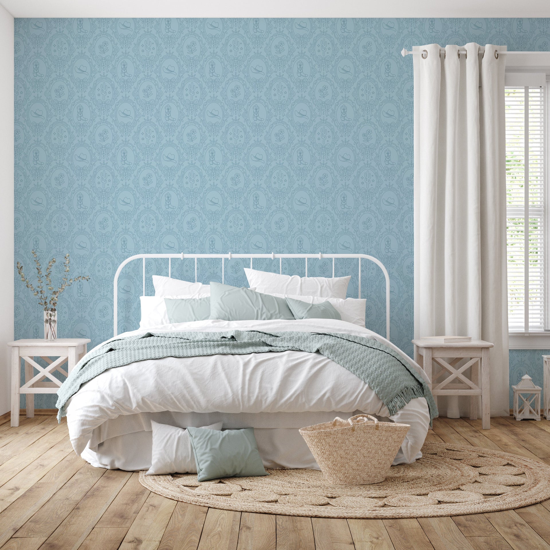 Laramie Wallpaper in Pink, Blue and Sage-Green Western-Whimsy