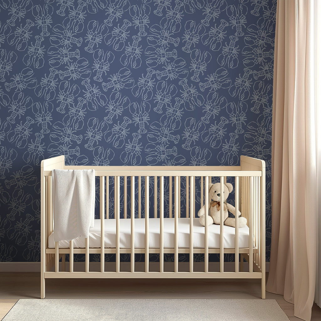 Lachlan animal print wallpaper featuring navy, sage-green, and blush-pink accents.