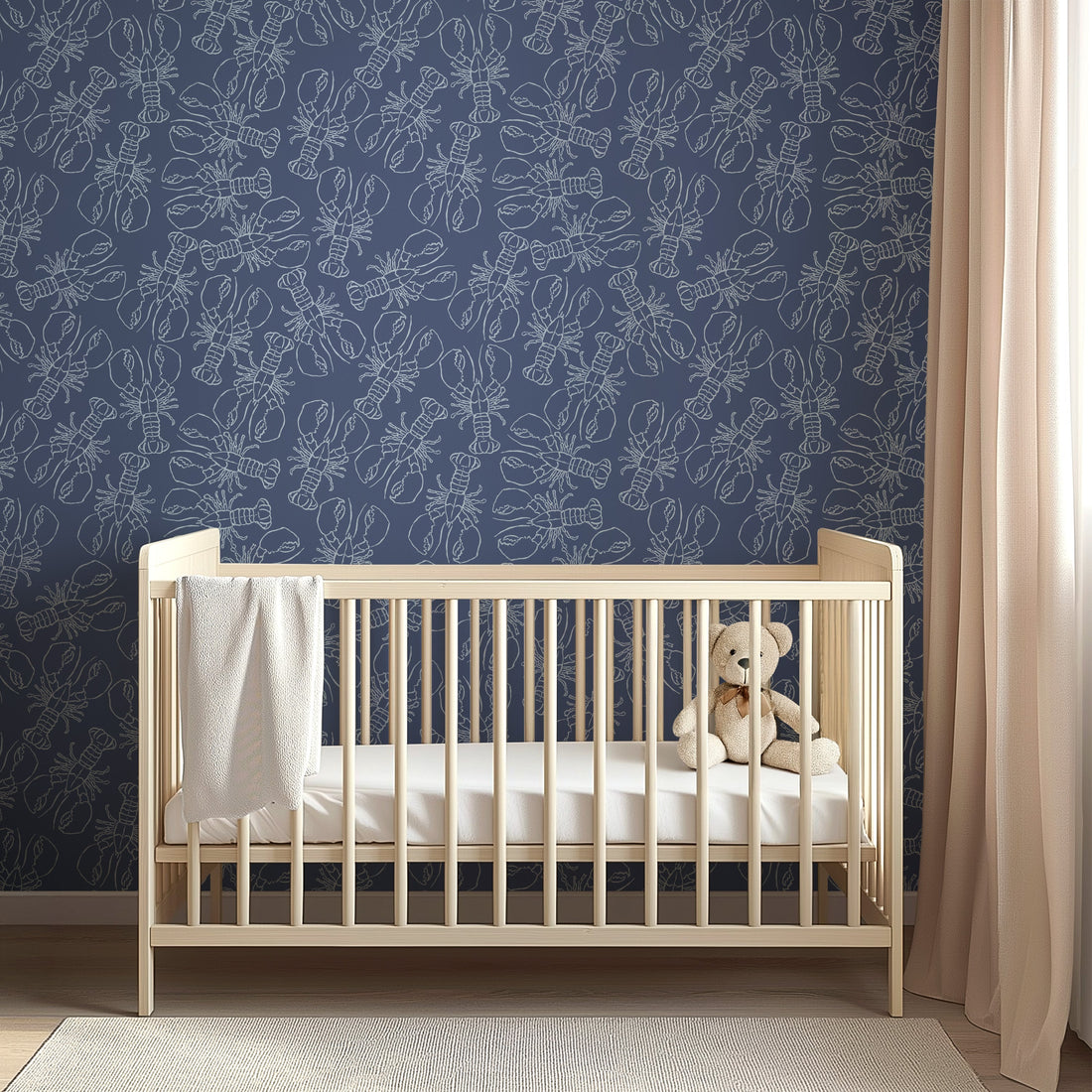 Lachlan animal print wallpaper featuring navy, sage-green, and blush-pink accents.