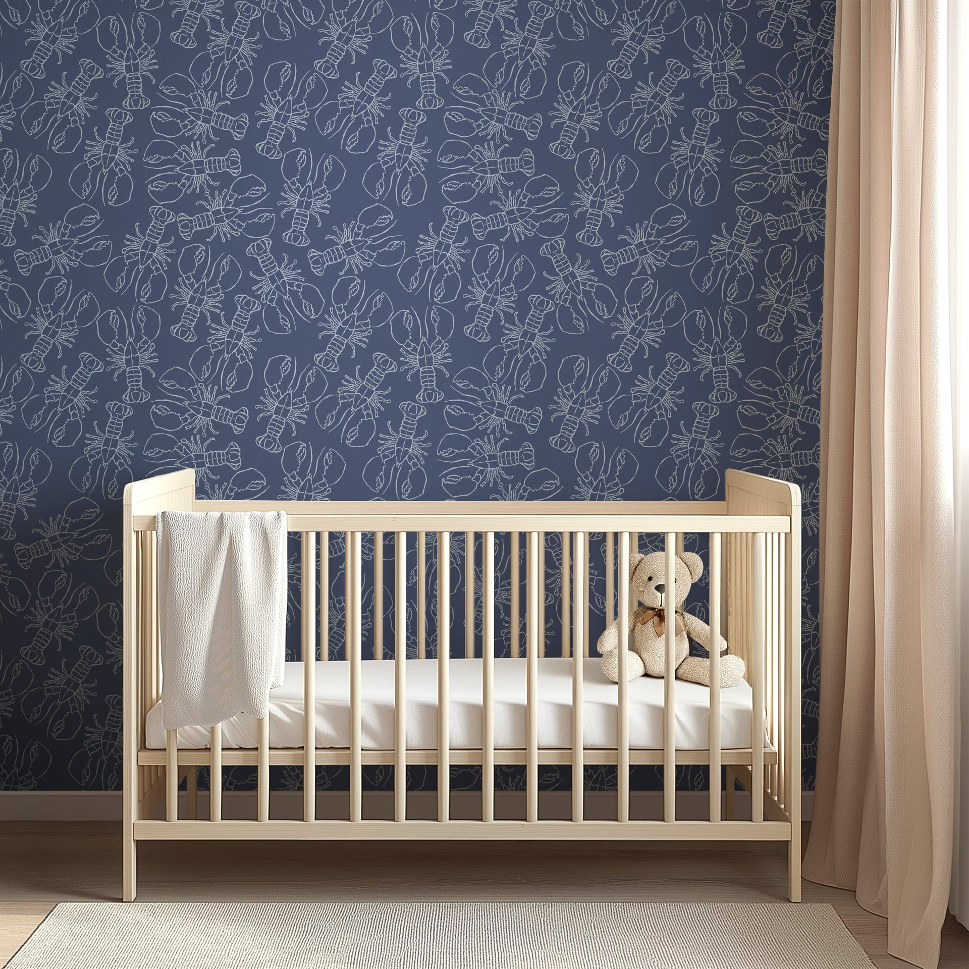 Lachlan animal print wallpaper featuring navy, sage-green, and blush-pink accents.