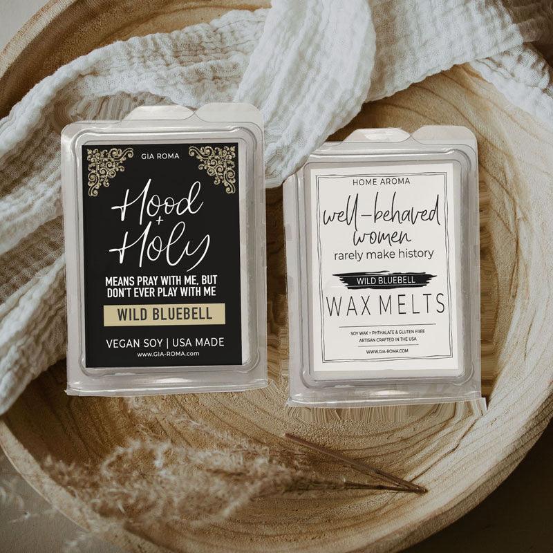 Pack of Wild Bluebell scented soy wax melts featuring a clean minimalist label