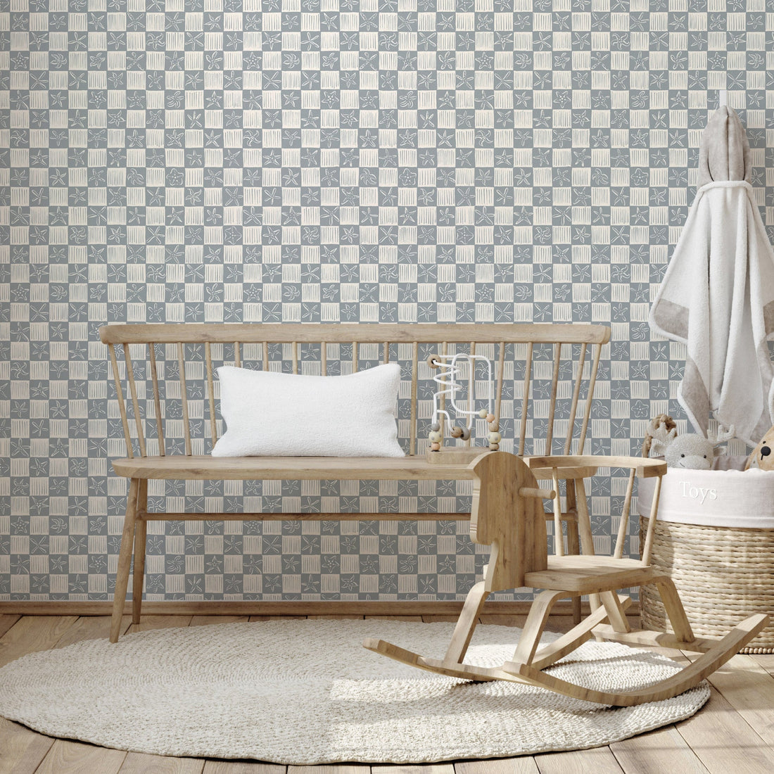 Shellie geometric wallpaper in blue and white with a modern nautical style.