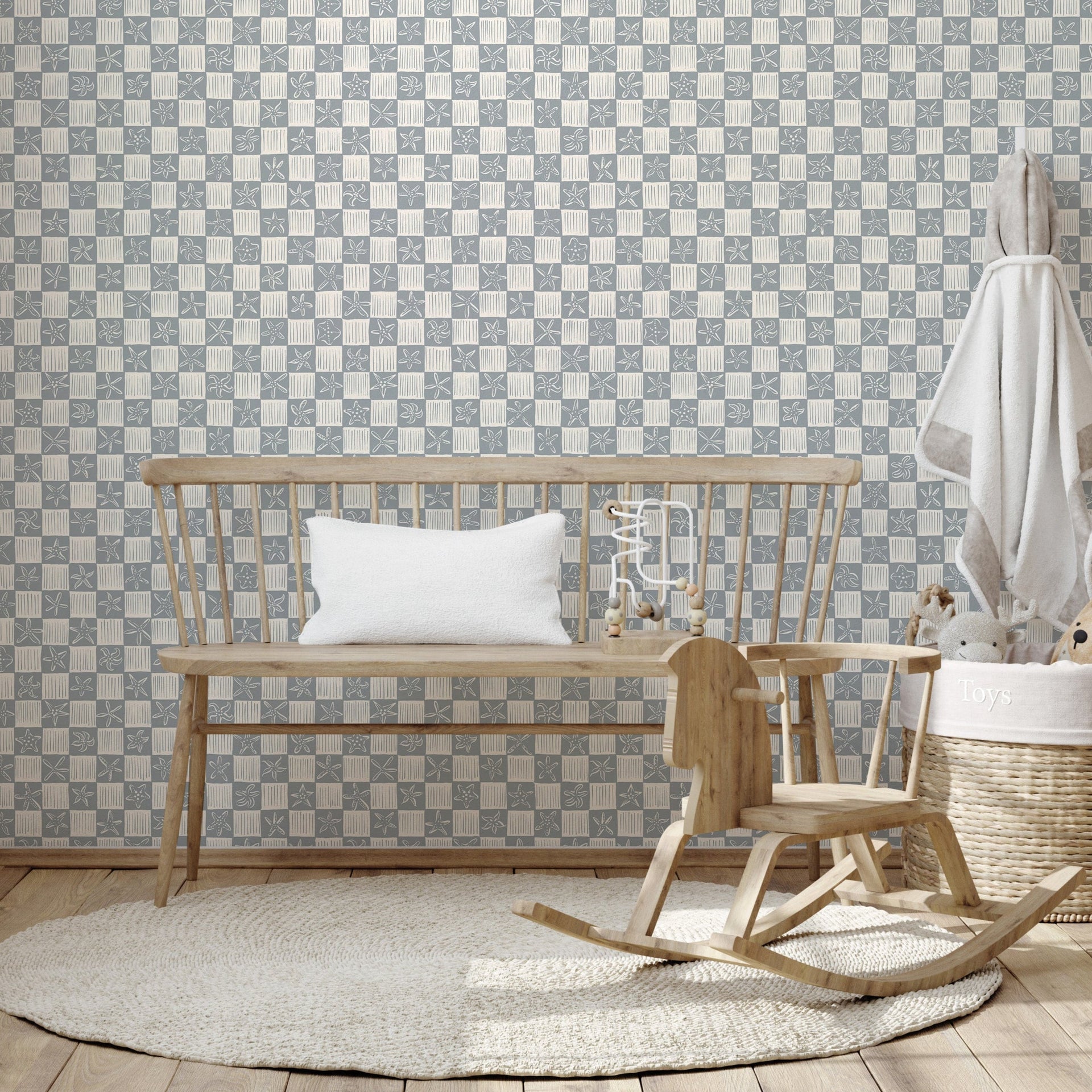 Shellie geometric wallpaper in blue and white with a modern nautical style.