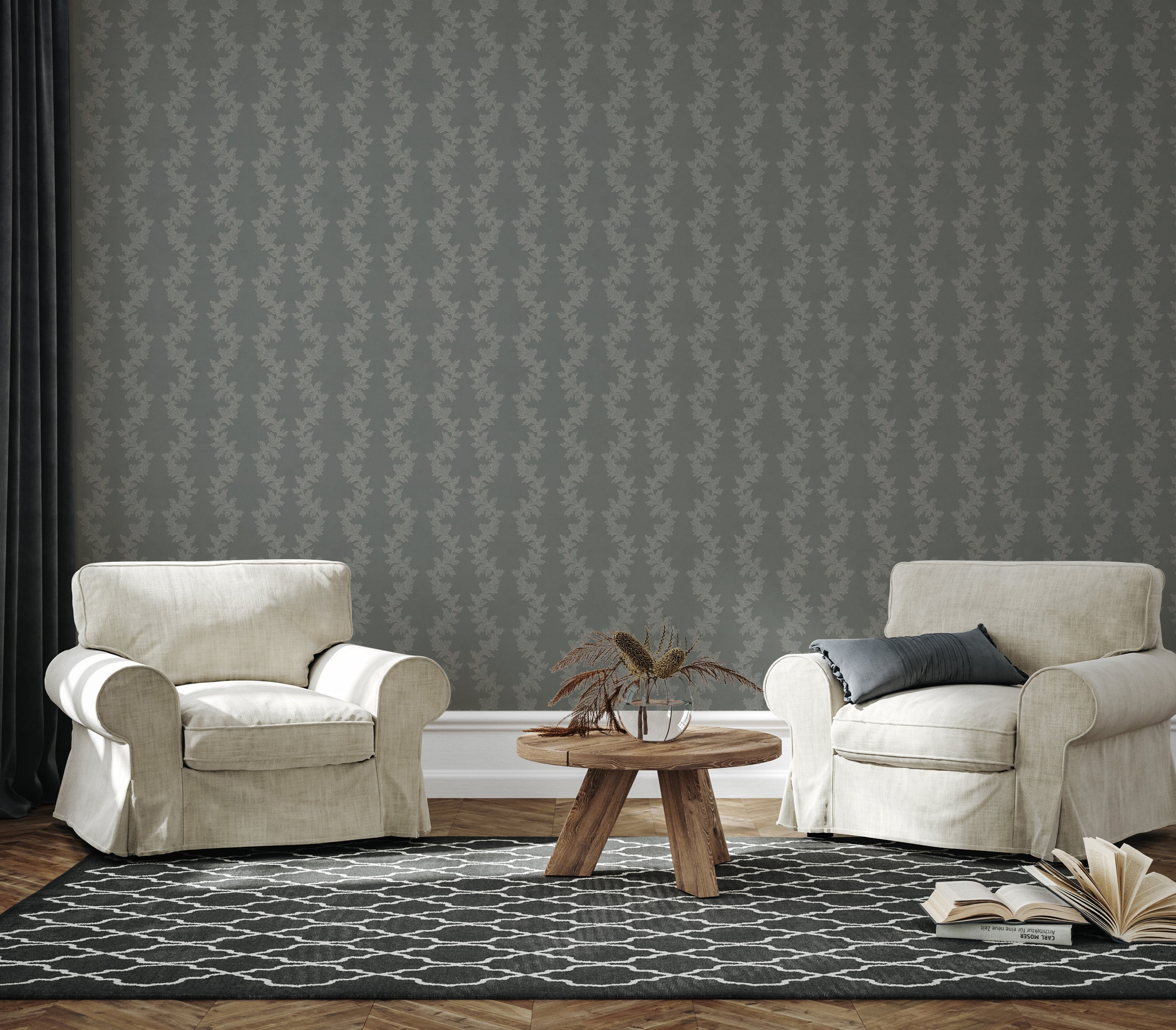 Linden Traditional Transitional Wallpaper in Grey and Taupe