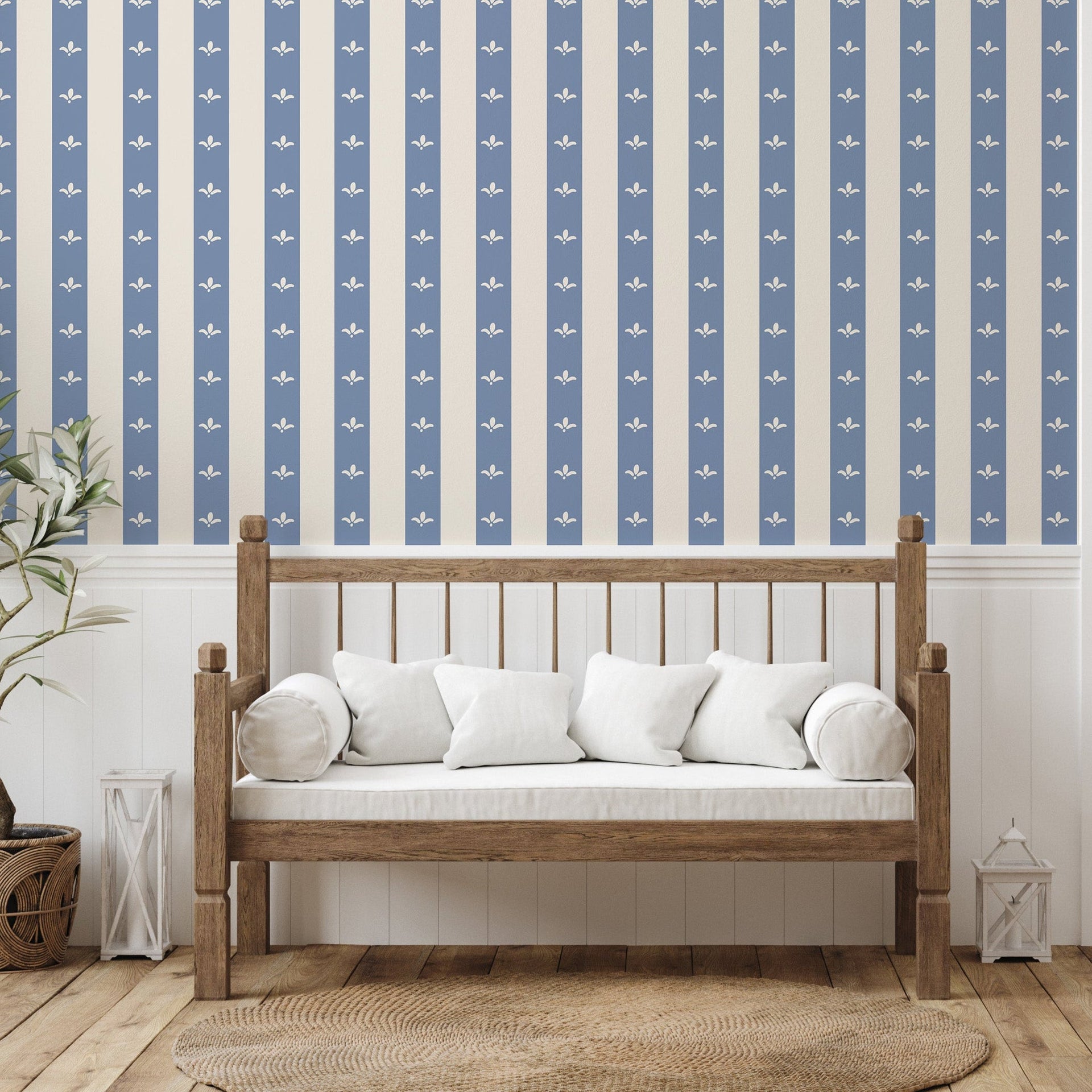 Boden Striped Wallpaper in Beige, Gold, Blue and White