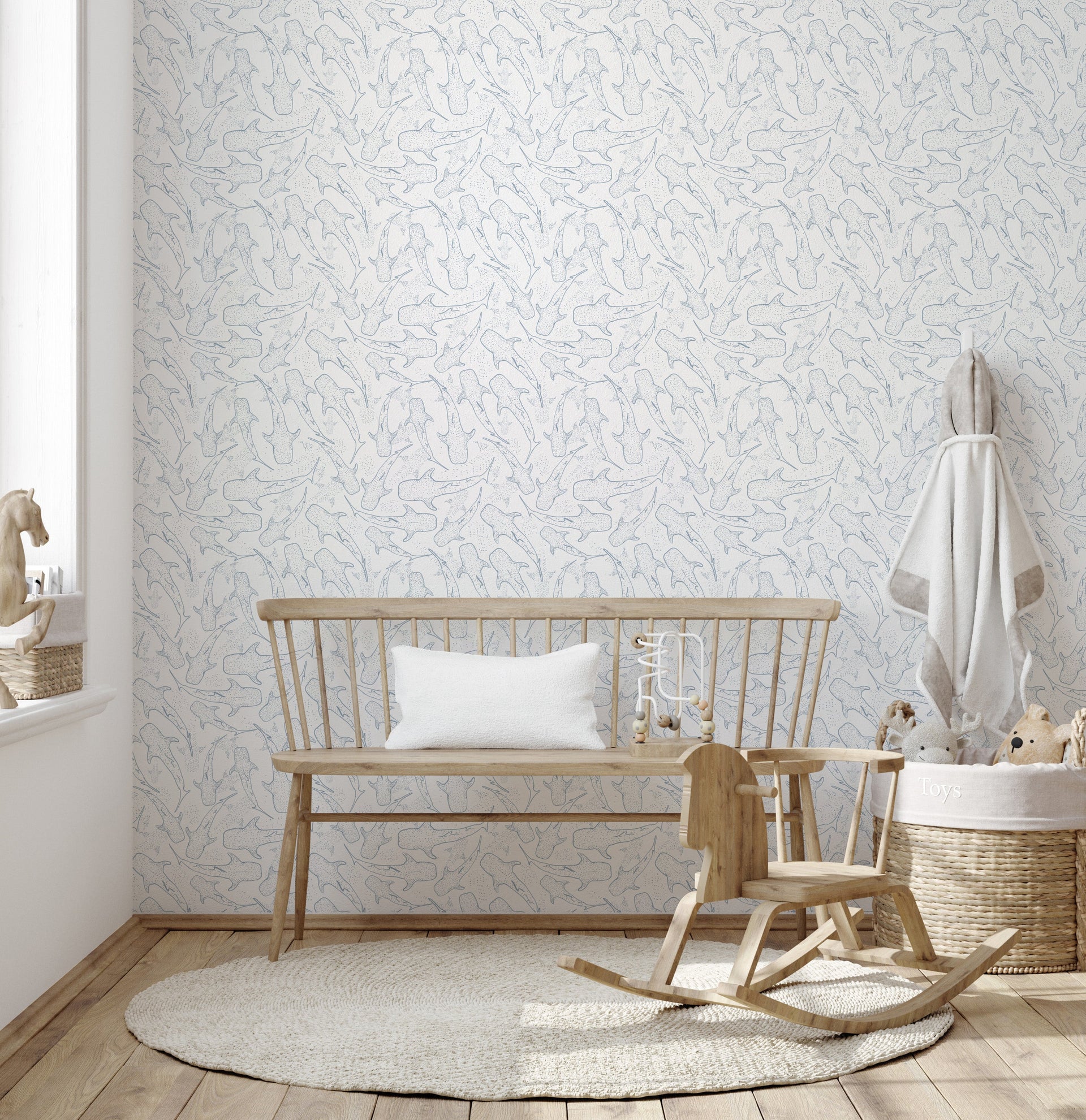 Blue Pink and White Whimsical Animal Print Wallpaper