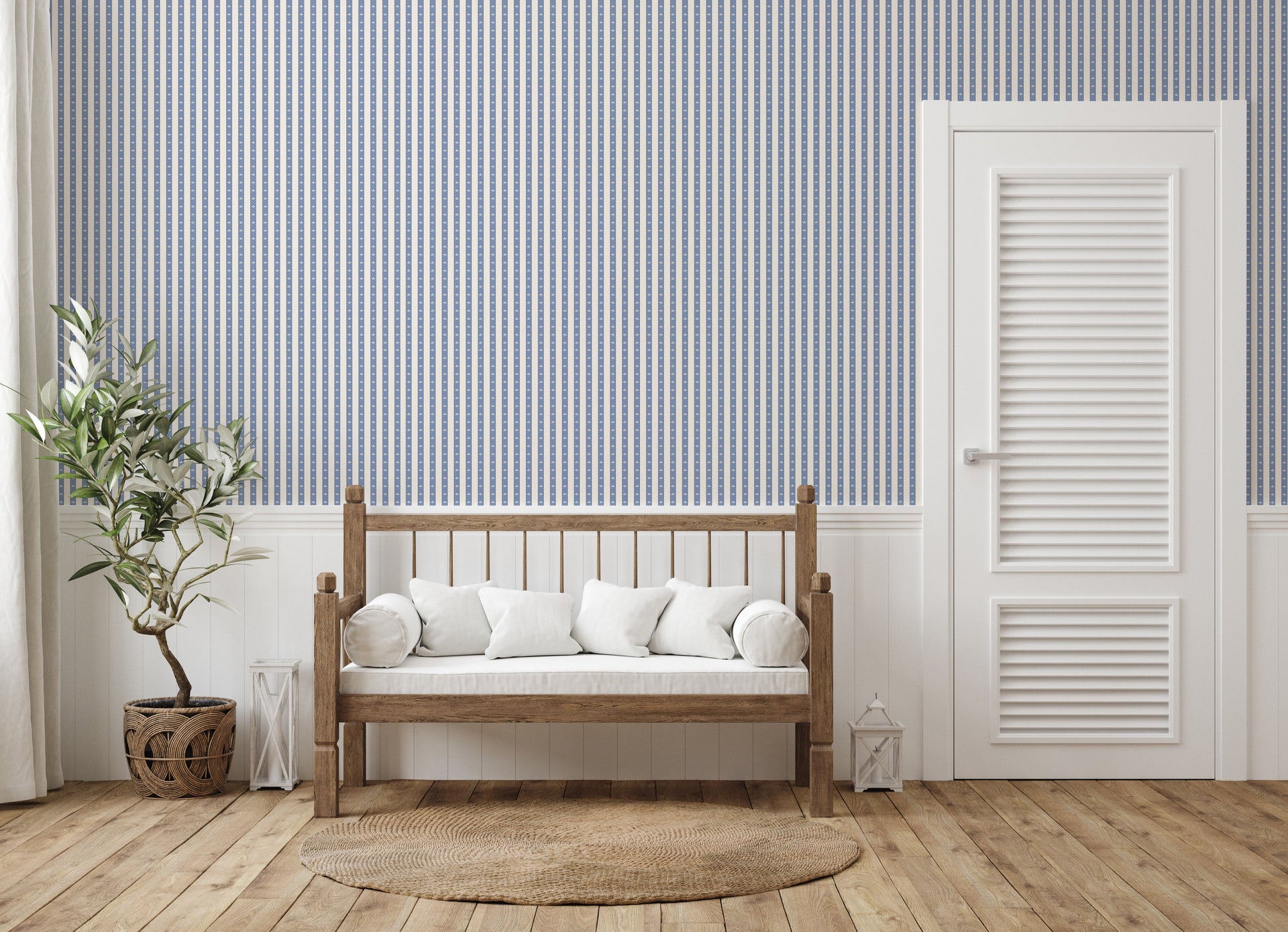Boden Striped Wallpaper in Beige, Gold, Blue and White