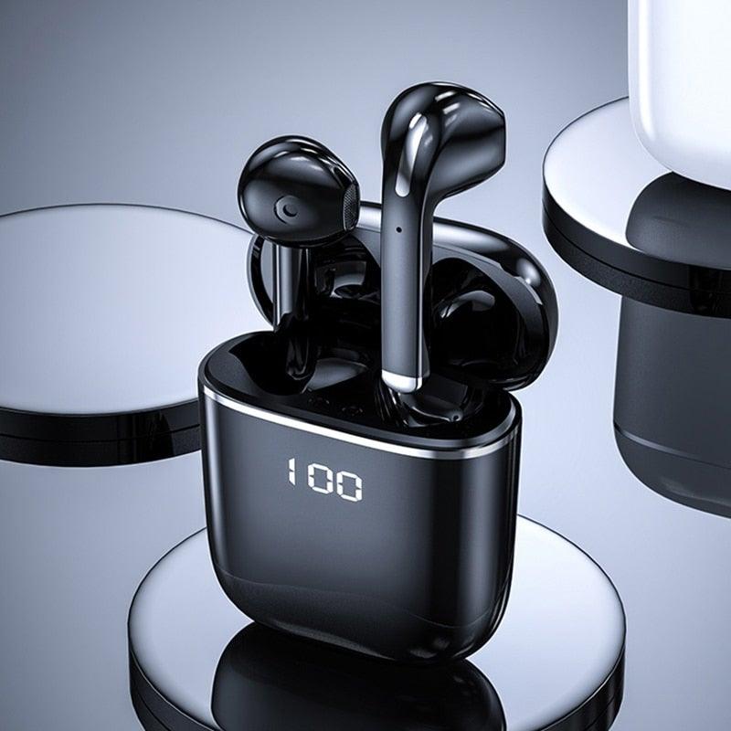 Stevvex black Bluetooth 5.0 earbuds with LED battery display charging box