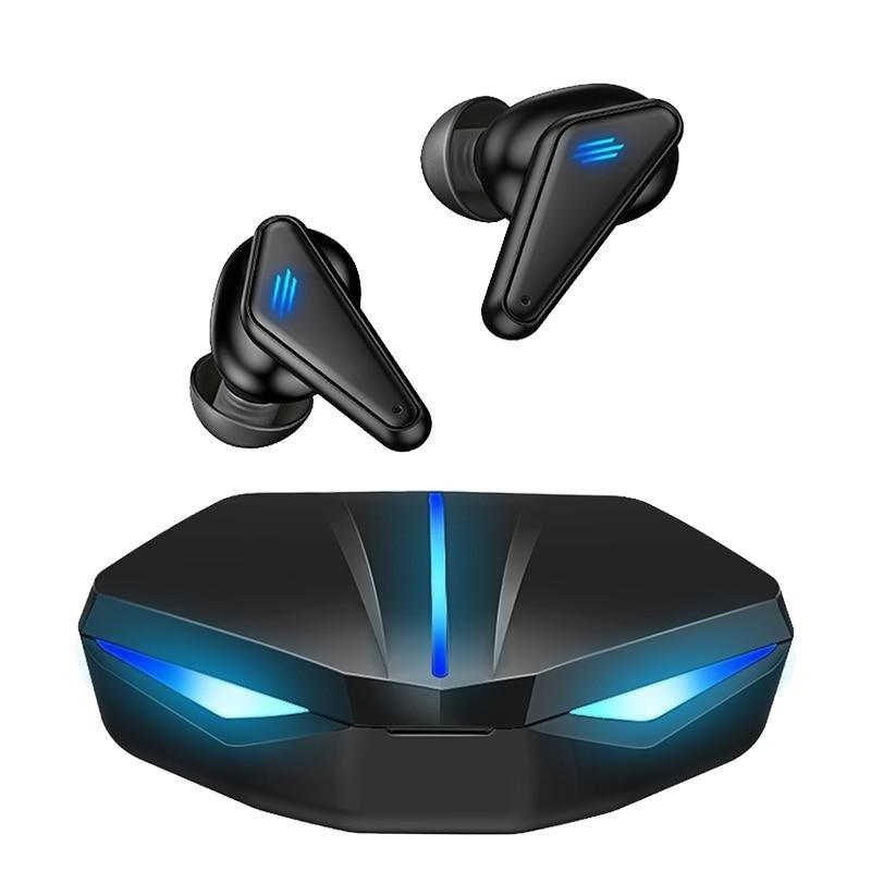 Black wireless sports earbuds with Bluetooth 5.0 and built-in microphone.