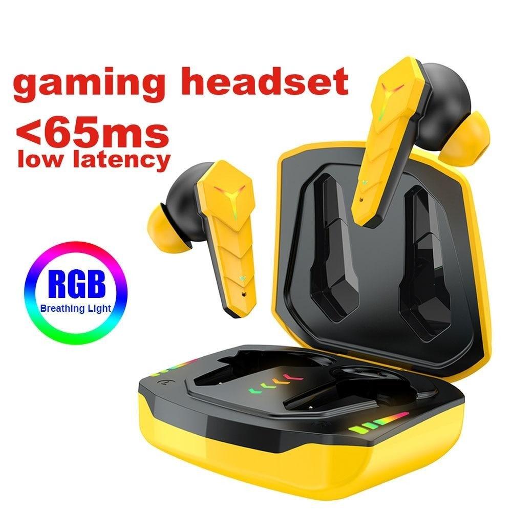 Stevvex yellow RGB wireless gaming earbuds with charging case on a gym background